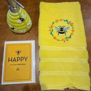 PRICE DROP! Cute Bee Theme Gift Set:  Hand towel, soap dispenser & birthday card